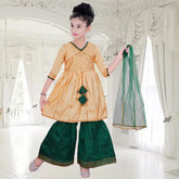 Poly Silk Kurta SHARARA set for kids and girls, featuring three-quarter sleeves and a dupatta. Indian fashion dress with excellent zari work, suitable for all seasons